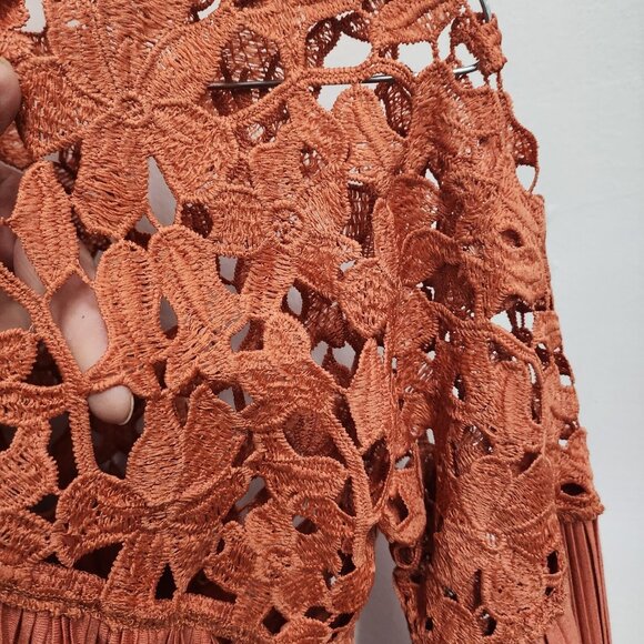 Express Womens BOHO Blouse Top Small Orange Crochet Long Sleeve Festival - Picture 5 of 10
